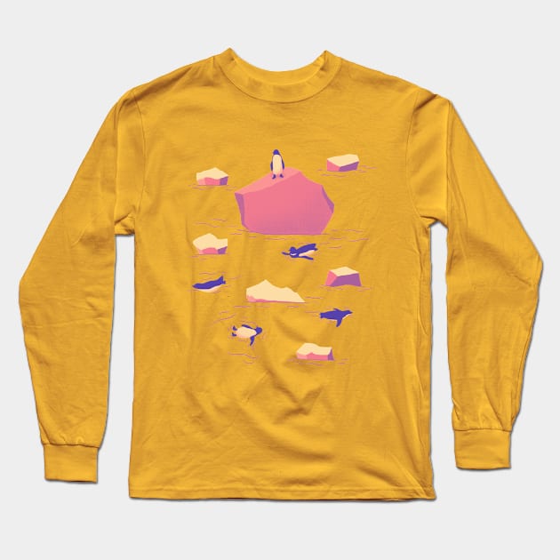 Penguin In Icy Waters - Sunset Colours Long Sleeve T-Shirt by awesomesaucebysandy